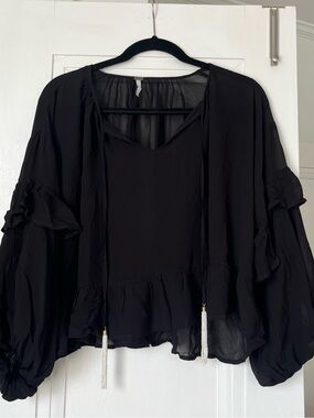 Boho Ruffle Tassel Blouse - Black